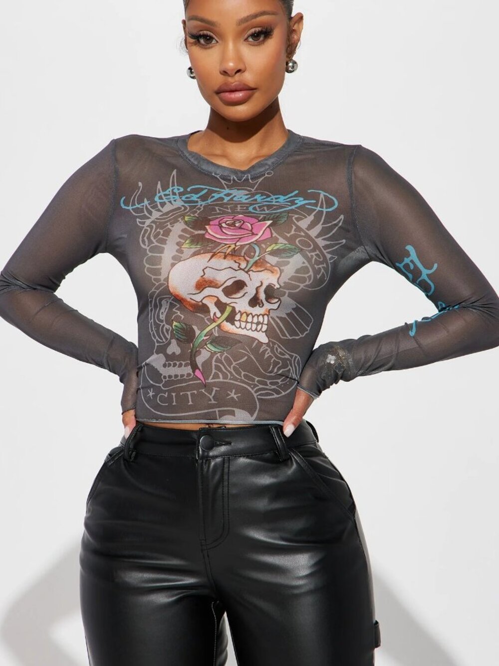 Ed Hardy Mesh Skull Graphic Long Sleeve Top Size M NWT
